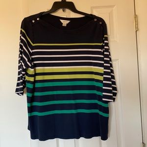 Striped cotton 3/4 length sleeve top. Blue and green with white stripes.